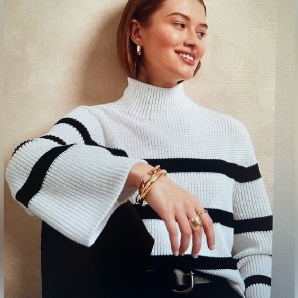 Banana Republic Sweaters - Banana Republic-Merino Wool Blend Sweater-Bell Sleeves-Mock Neck-Mariner Stripe